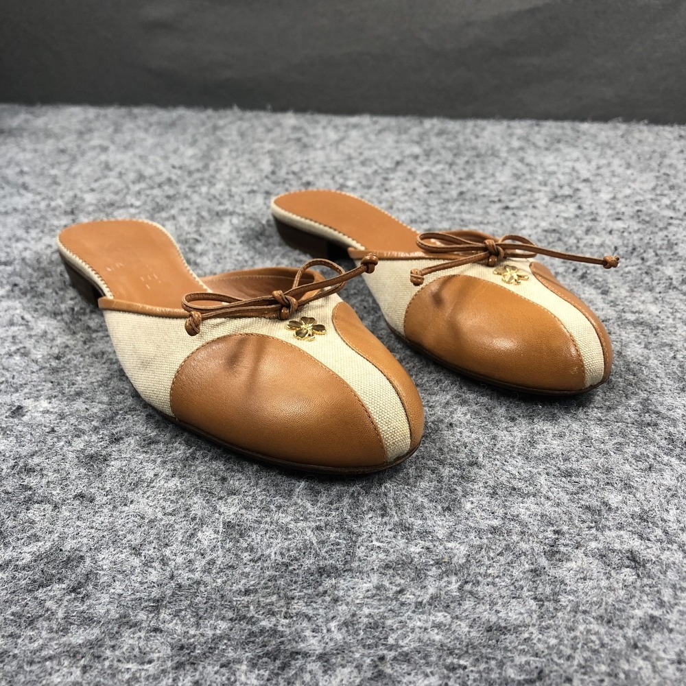 Chanel Vintage Mules Womens 10.5 Beige Canvas Brown Leather Clover Bow Italy